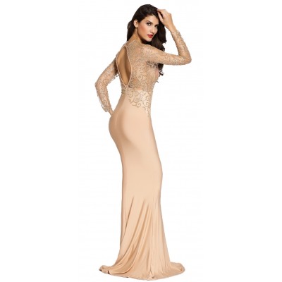 'Aalaida' beige Pailletten Abendkleid mit offenem Rücken